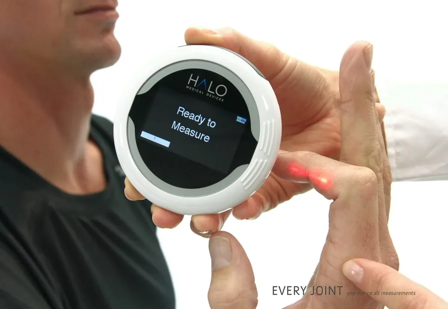 The Halo Medical Devices Digital Goniometer in use — measuring joint range of motion via the device&rsquo;s embedded sensors.