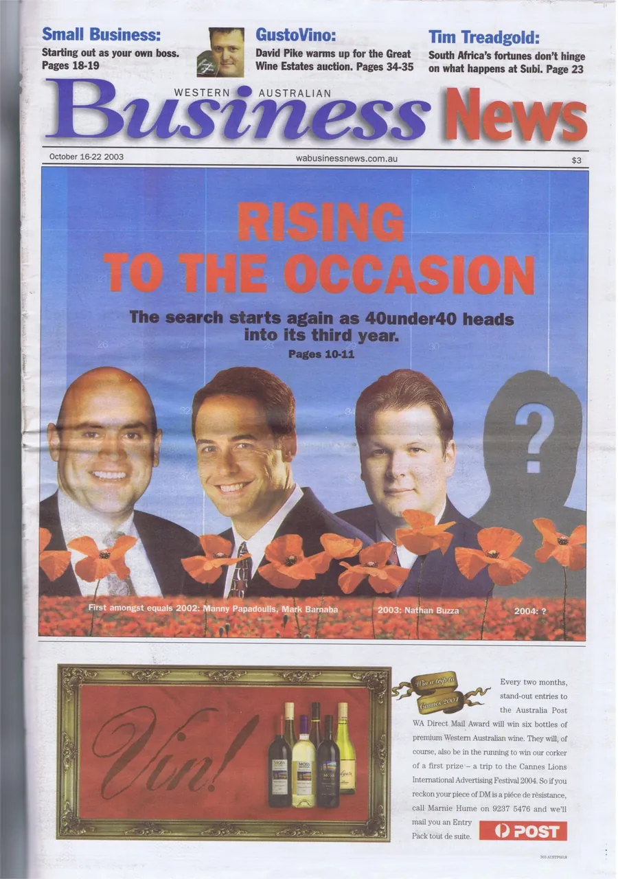 Business News (WA) 2003 cover featuring Nathan Buzza as 40under40 First Amongst Equals winner.